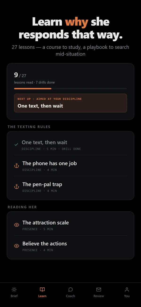 The course: lessons on texting and reading her, with drills.
